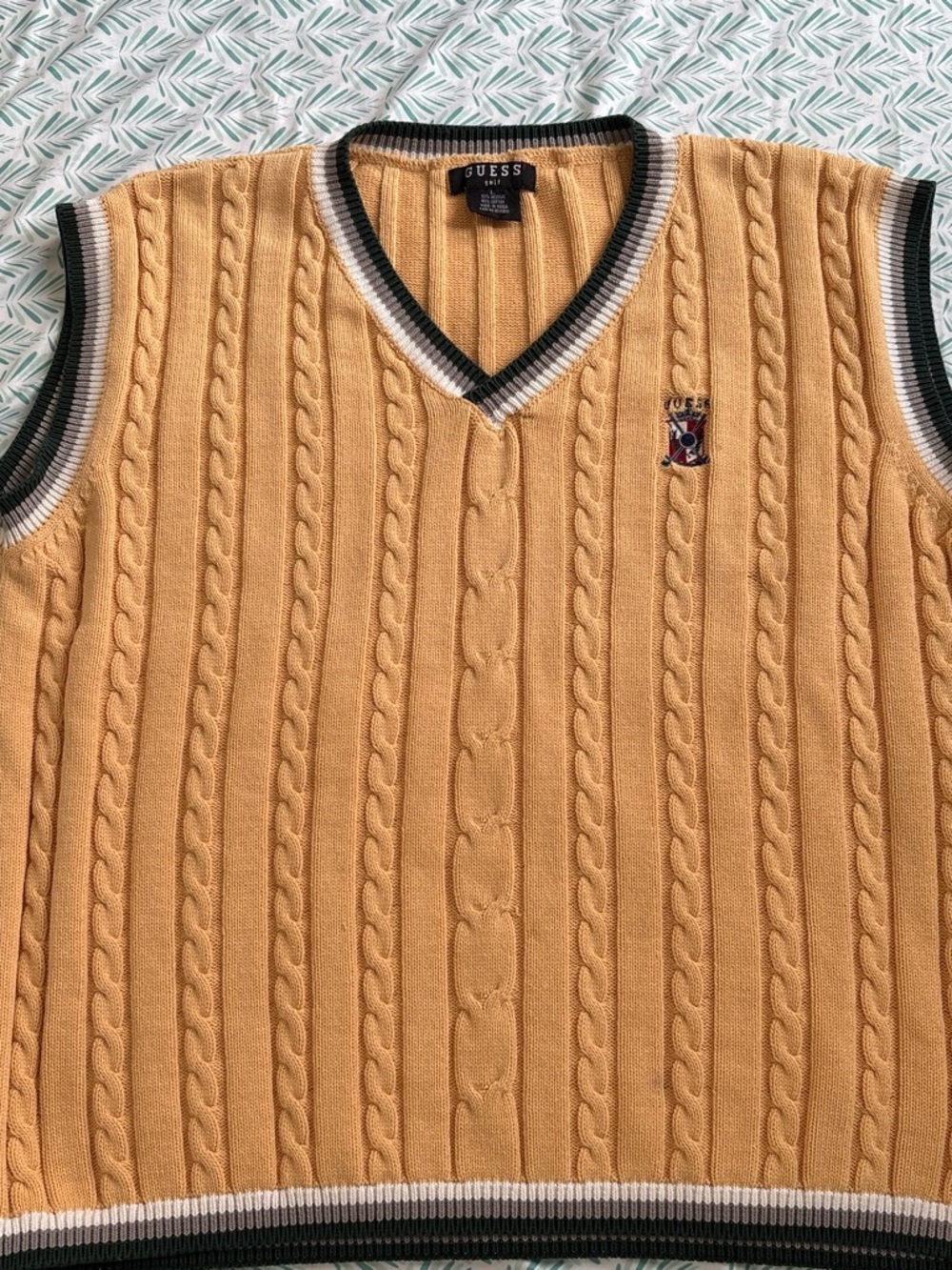GUESS Men's Mustard Cable-Knit V-Neck Sweater Vest with Contrast Trim